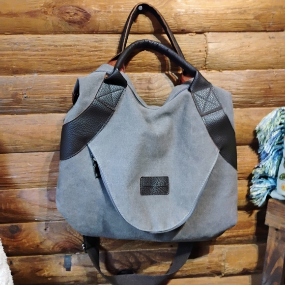 Threaded Pear Canvas Tote Bag Weekend Getaway Carry On Multiple Pockets Grey - Picture 1 of 12